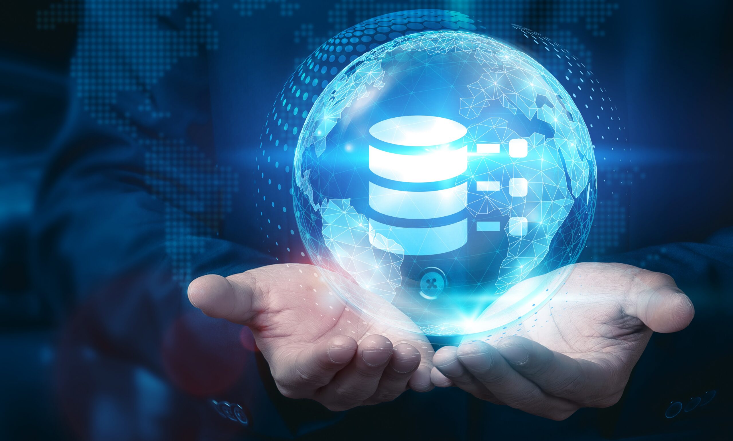 Businessman holds a global 'big data' sphere with a network connected to various industries, utilizing advanced big data analytics and business development technology to generate innovative ideas.